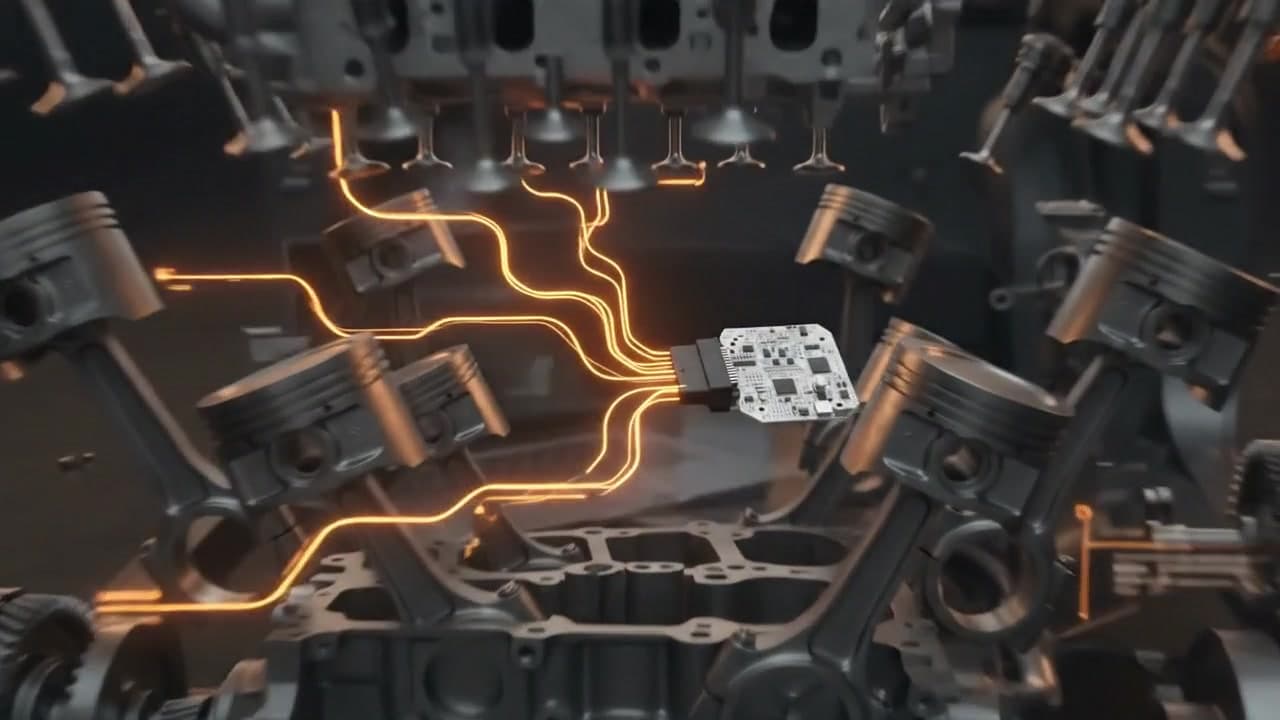 Placa da ECU rusEFI ligada aos cilindros de um motor V8 por trilhas de luz laranja