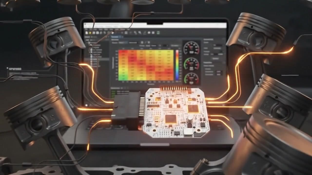 Notebook rodando TunerStudio com mapa de injeção em cores, ao lado de uma ECU rusEFI